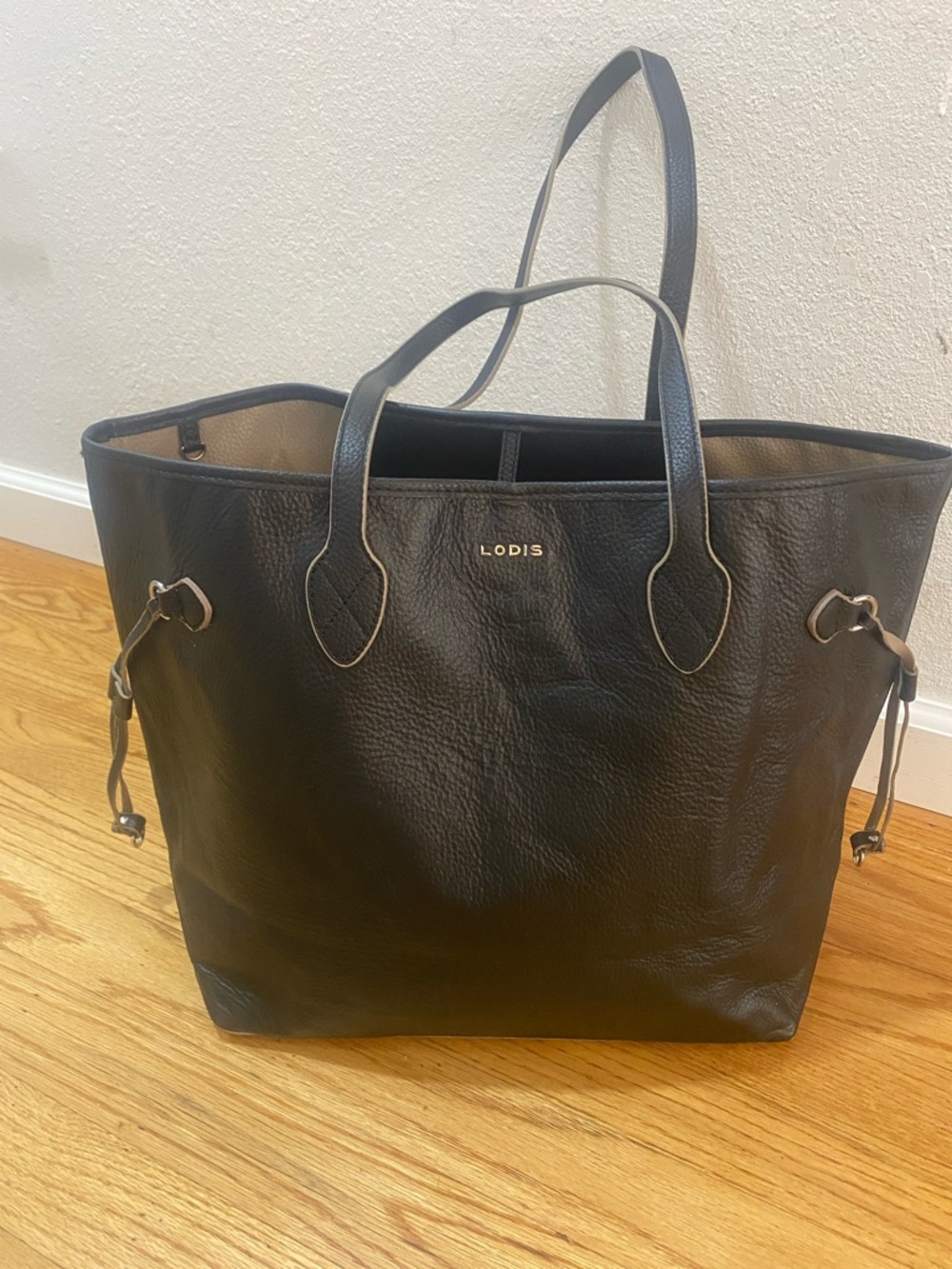 Lodis Black Pebble Leather Tote with Subtle Gold Logo